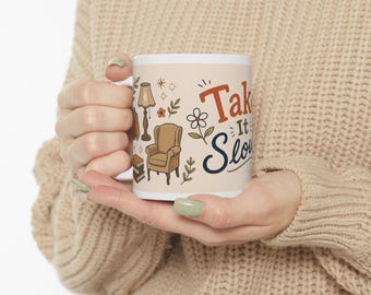 Take It Slow-mugg | keramisk kaffekopp, mysig blommig illustration