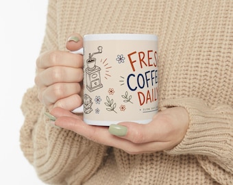 Färskt kaffe dagligen mugg | Keramisk kaffekopp, morgonkaffeillustration