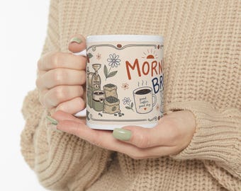 Morgonbryggmugg | Kaffeillustration, retro blommigt kaffetema