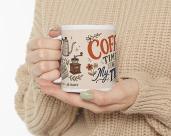 Kaffetid är min tid-mugg | Keramisk kaffekopp, illustrerad blomsterdesign