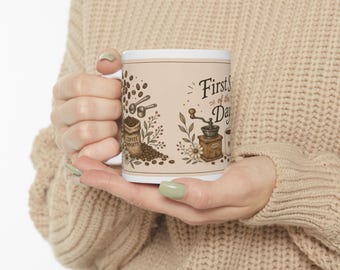 Dagens första klunk i keramik | Illustration av kaffekvarn, neutral blommig