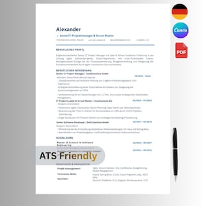 May include: A professional resume template for a Senior IT Project Manager named Alexander, featuring sections for professional profile, work history, education, and skills. The document includes a black pen and the text ATS Friendly in a gray box.