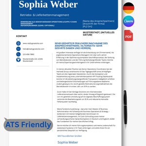 May include: A professional resume template for Sophia Weber, featuring a blue header, contact information, and a German cover letter text. The document includes a black pen on the right and an ATS Friendly badge on the bottom left corner.