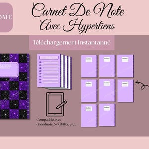 Peut inclure: Un ensemble de carnet numérique avec une couverture à paillettes à carreaux violets et noirs, une page de liste, une icône de tablette avec un stylet et huit séparateurs de section violet clair avec du texte. Inclut le texte Carnet De Note Avec Hyperliens.