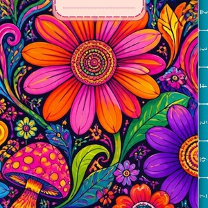 Peut inclure: Une couverture de carnet avec un motif floral et champignon psychédélique aux couleurs vives rose, orange, violet et vert. Une étiquette rectangulaire rose clair en haut affiche le texte CE CARNET Appatient à: avec une ligne pour écrire.