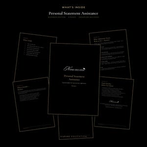 Puede incluir: Un documento digital de nueve páginas titulado Personal Statement Assistance Business Edition, con texto blanco sobre fondo negro. Las páginas incluyen secciones sobre lo que buscan los tutores de admisión, qué incluir y una lista de verificación.