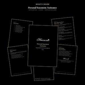 Puede incluir: Una colección de páginas negras con texto blanco titulada Personal Statement Assistance Maths Edition. El documento incluye secciones sobre lo que los tutores de admisión quieren ver, qué incluir y una lista de verificación final.