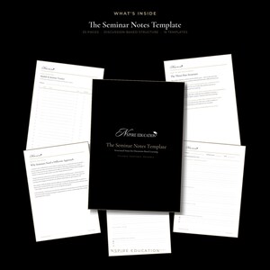 May include: A collection of white paper seminar notes templates with black text, featuring a central black cover page titled The Seminar Notes Template by Nspire Education. The set includes 20 pages, a discussion-based structure, and 16 templates.