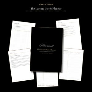 May include: A black cover titled The Lecture Notes Planner by Nspire Education, surrounded by white pages featuring the Cornell Method, module and lecture tracker templates, and instructional text on note-taking strategies for academic organization.