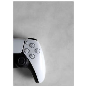 Op de afbeelding: Een wit en zwart draadloze videogamecontroller met een richtingspad, een zwarte analoge stick en vier actieknoppen gemarkeerd met driehoek-, cirkel-, vierkant- en kruissymbolen. De controller heeft een glad en ergonomisch ontwerp.