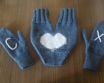 Handmade Knitted Sweetheart Mitten, Custom Initials Couples Glove, Personalized Anniversary Gift