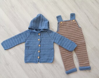 Set of Baby Hooded Cardigan and Romper, Crochet Baby Jumpsuit and Jacket Set