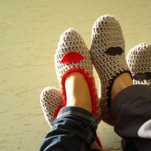 Set of mens and womens slippers, gift for couples, home shoes for couples, mustache ad lips, gift for him, gift for mom, mothers day gift, image 2