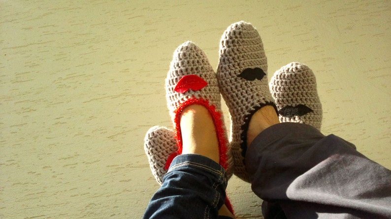 Set of mens and womens slippers, gift for couples, home shoes for couples, mustache ad lips, gift for him, gift for mom, mothers day gift, image 2