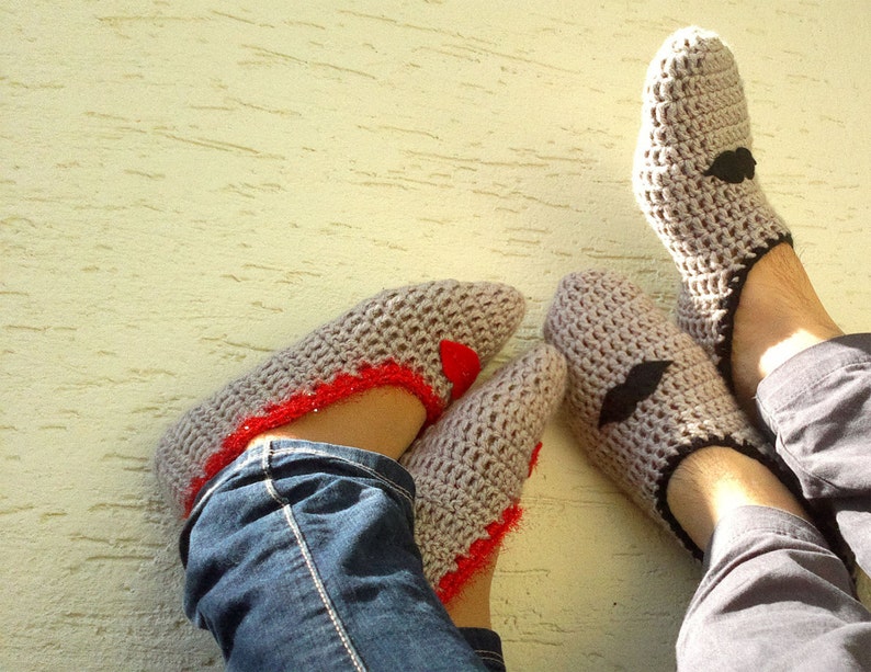 Set of mens and womens slippers, gift for couples, home shoes for couples, mustache ad lips, gift for him, gift for mom, mothers day gift, image 4