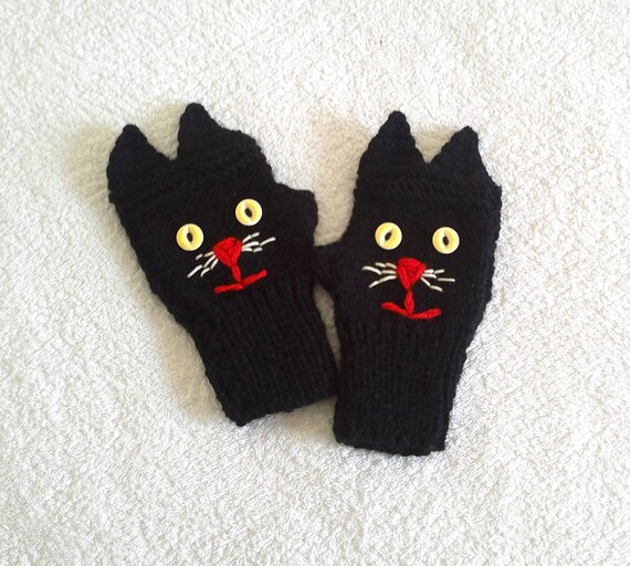 Knitted Black Cat Gloves Cat Mittens Womens Gloves In Black Etsy