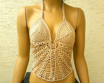 Crochet womens clothing, handmade bra, hippie halter, sexy top, crochet halter top, crochet tank, summer top, eye catching festival top