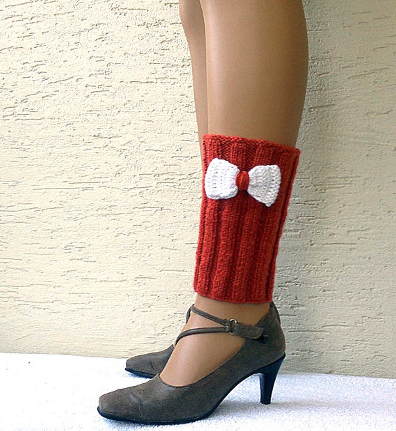 Orange knitting leg warmers boot cuffs with white bows Fall Etsy