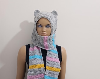 Crochet Teddy Bear Hat Scarf, Cotton Blend Winter Outfit