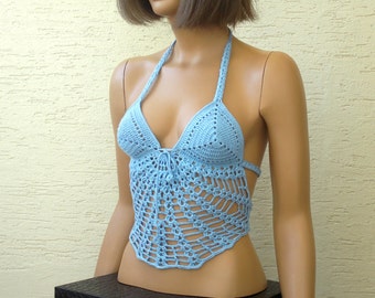 Crochet womens bra, blue hippie halter, sexy top, crochet halter top, crochet tank, white crop tank, laced top, crochet summer halter top