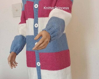 Hand Knitted Mens-Womens Long Cardigan, Knitting Cozy Jacket, Knitted Shrug, Sweater