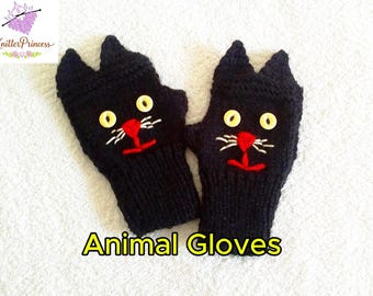 Animal mitten for Kids Gift, Cat gloves, knitted mittens, gift for her, valentines gift,