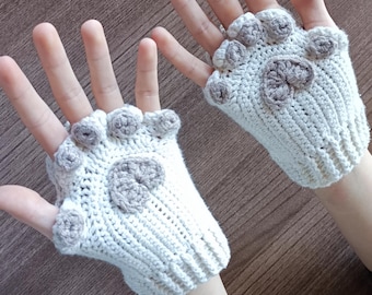 Guanti senza dita a forma di zampa di gatto all'uncinetto, muffole in cotone per bambini