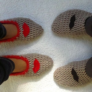 Set of mens and womens slippers, gift for couples, home shoes for couples, mustache ad lips, gift for him, gift for mom, mothers day gift, image 1