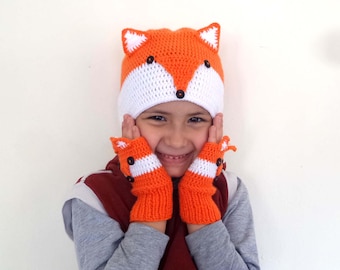Crochet Fox Hat and Fingerless Scarf Set, Animal Knit Outfit