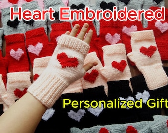 Handmade Heart Embroidered Fingerless Gloves, Custom Cotton Blend Driving Mitten, Personalized Gift for Her