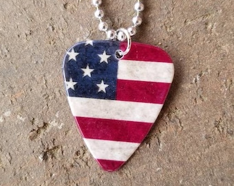 American Flag red white blue patriotic country guitar pick Necklace Fourth of July Rustic silver call chain americana jewelry military gift