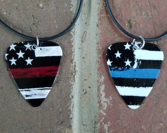 Firefighter necklace or Police Officer Keychain Red line flag Blue line guitar pick EMS first responder flag jewelry  - Gorgeous and Unique!