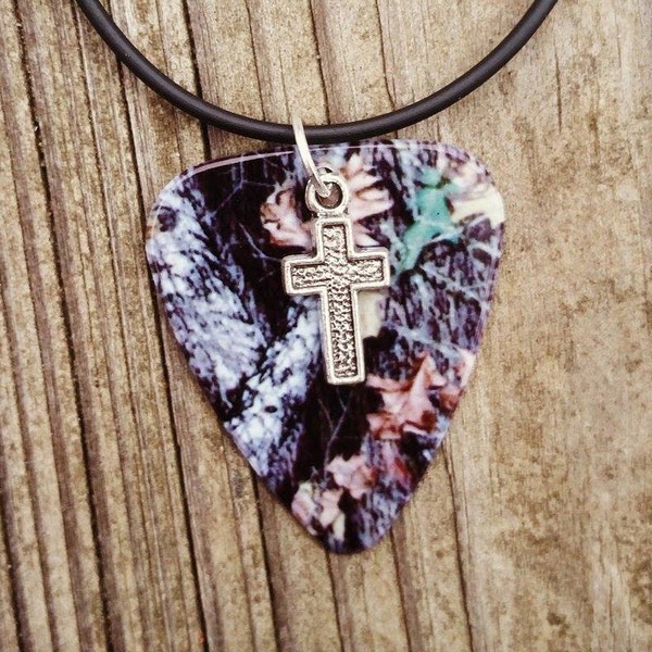 Mossy Oak Camo Camouflage guitar pick necklace with silver cross charm country southern farm girl jewelry Christian gift