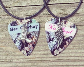 Her Cowboy His Angel necklaces boot wing silver charm guitar pick matching country love girl guy cute Valentine's Day Anniversary Gift