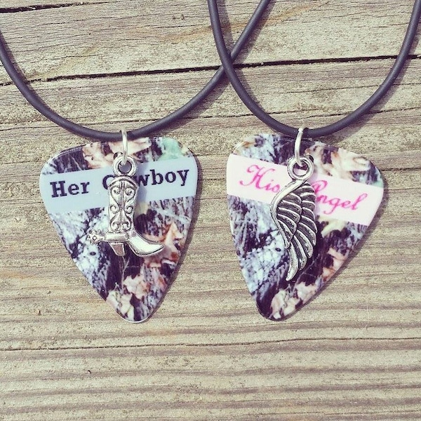 Her Cowboy His Angel necklaces boot wing silver charm guitar pick matching country love girl guy cute Valentine's Day Anniversary Gift