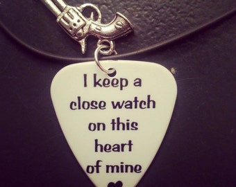 I keep a close watch on this heart of mine guitar pick necklace or keychain for girl guy with silver pistol gun charm country jewelry