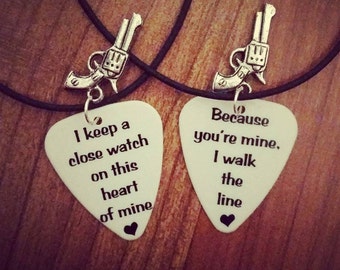 Close watch on this heart of mine I walk the line guitar pick necklaces or keychains set for couples silver pistol gun charm country jewelry