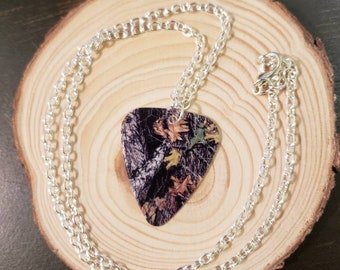 Mossy oak camo guitar pick on silver chain necklace jewelry for country southern farm girl barn babe western gift deer featherpick hunting