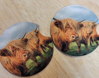 Highland Cow Car Coaster set of 2 soft neoprene country cowgirl gift cows present thank you gift vet bull steer long haired cow coasters