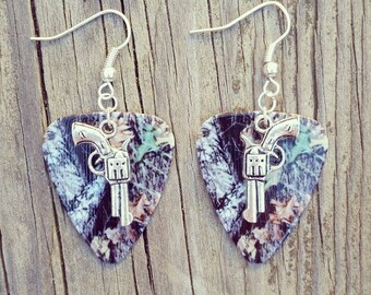 Mossy Oak Camo Camouflage guitar pick earrings with silver gun pistol charm for hunting country shooting farm girl gift jewelry