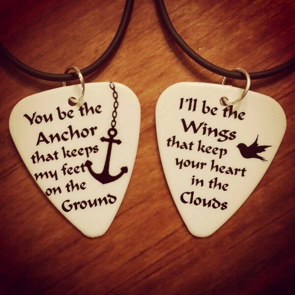 Anchor Necklaces set Wings heart clouds guitar pick matching couple love birds girl guy Valentine's Day Anniversary Gift black silhouette