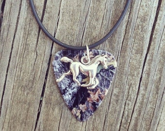 Mossy Oak Camo Camouflage guitar pick necklace with horse charm love country southern jewelry for hunting country bridesmaid girl gift