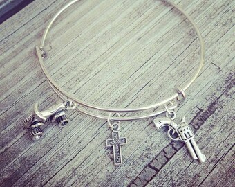 Adjustable Silver Bangle Bracelet for Country Southern Farm Girl with fourwheeler cross and gun charm Jewelry Birthday Christmas Gift