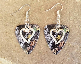 Mossy Oak Camo Camouflage guitar pick earrings with heart charm country love camo girl jewelry for hunting country bridesmaid gift farm cute