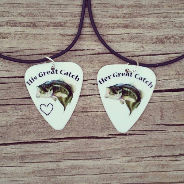 His Great Catch and Her Great Catch bass fish hook heart Guitar pick matching necklaces for couples love girl guy camo