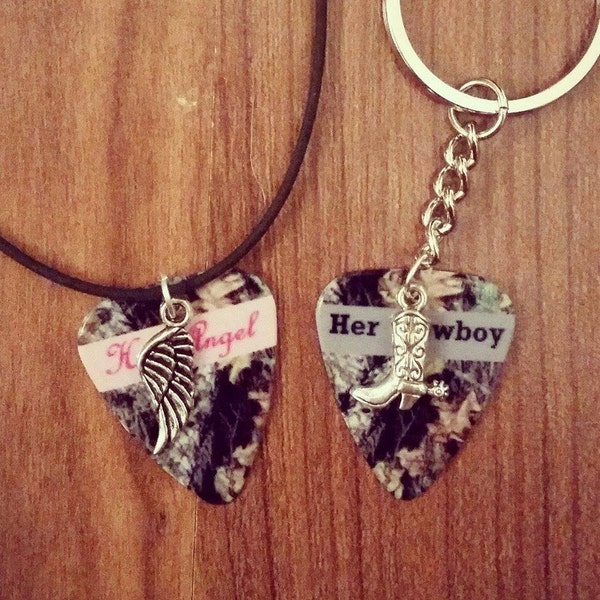 Her Cowboy boot His Angel wing charm guitar pick matching necklace keychain set country southern love girl guy