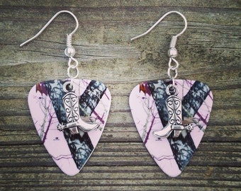 Light Pink Mossy Oak Camo Camouflage guitar pick earrings with silver cowboy cowgirl boot charm country southern style jewelry