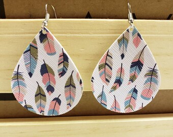 Beautiful faux leather teardrop feather earrings country rustic Southern farm girl jewelry lightweight gorgeous feathers pattern wings gift