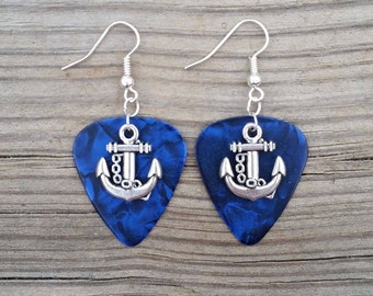 Silver Plated Anchor chain charm on blue guitar pick Earrings Jewelry