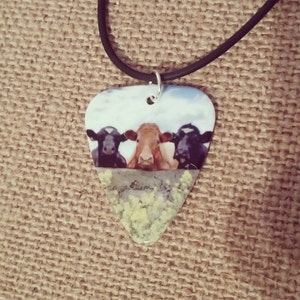 Three Cows Guitar Pick Necklace Cow Jewelry Country farm southern Girl gift MOO image 1